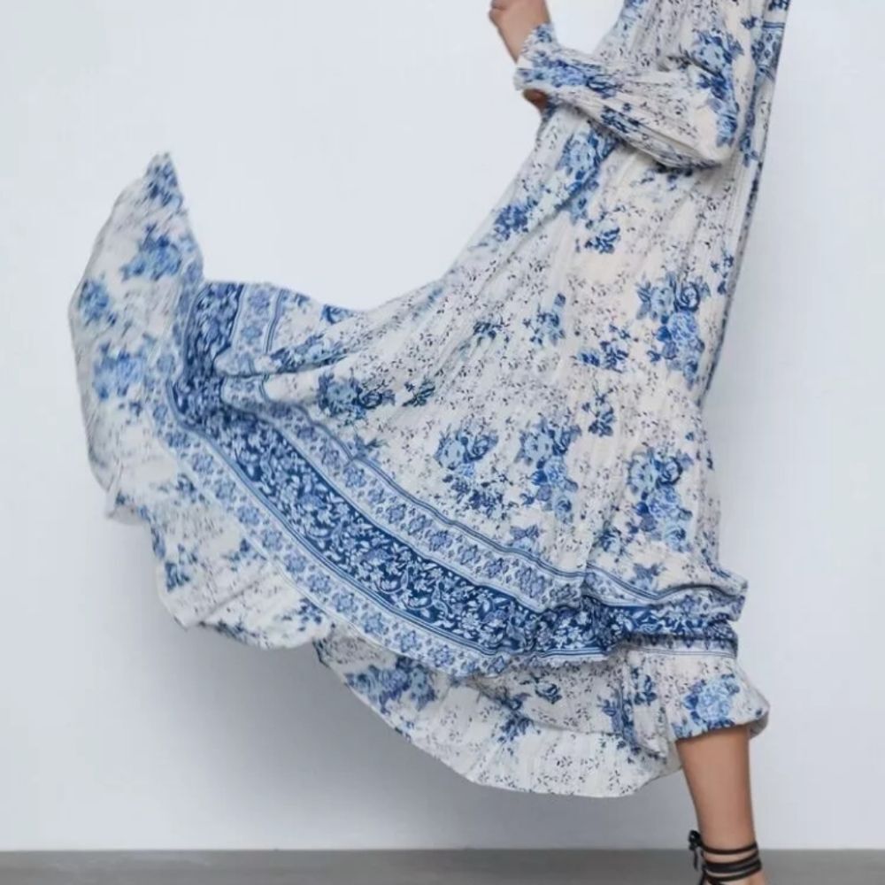 Zara Print Dress Blue/White V-Neck Long Sleeve Maxi Size M - Picture 5 of 8